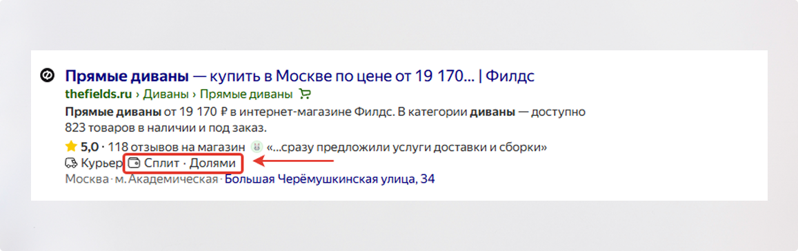 Чек-лист по расширенному сниппету Яндекса: полный разбор — Оплата частями в сниппете Яндекса — фото